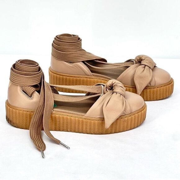 Fenty X Puma Rihanna Bow Creeper Ankle Laced Tan Leather Platform Sandals 7.5 - Picture 2 of 11